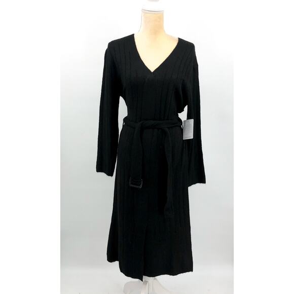 STITCHDROP Women's Tied To You Belted Midi Sweater Dress Medium Black NWT - Picture 2 of 10